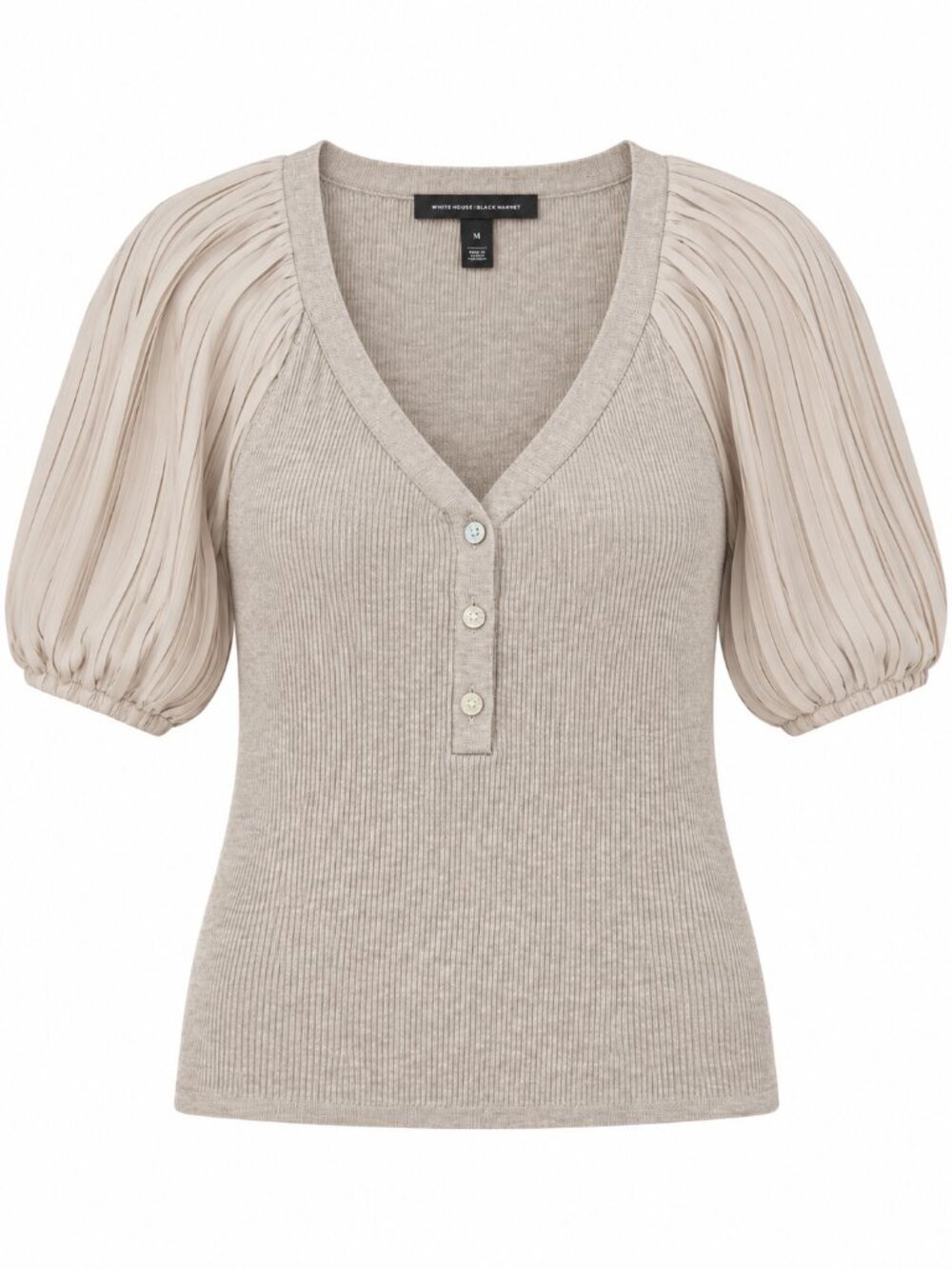 White House Black Market Beige Ribbed Knit Pleated Sleeve Henley Top Size M